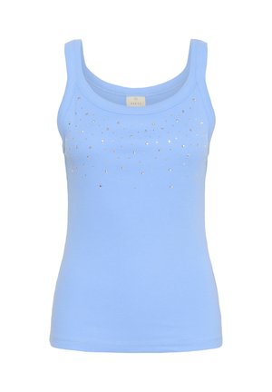 Light blue sleeveless ribbed tank top with silver stud embellishments across the chest and a round neckline.