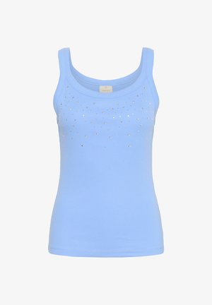Light blue sleeveless ribbed tank top with silver stud embellishments across the chest and a round neckline.