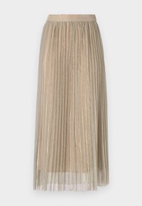 Plissert midi-skjørt i lys beige med en gjennomsiktig overlay, med en myk linning og subtile metalliske aksenter gjennom hele stoffet.