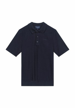 Polo shirt bleu marine en tissu doux, avec un col classique, une patte de boutonnage à trois boutons et des manches courtes. Détail de logo subtil sur la poitrine.