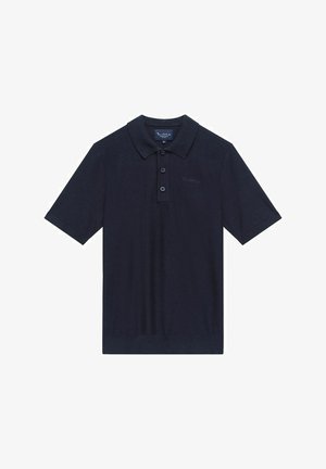 Granatowa koszulka polo z miękkiego materiału, z klasycznym kołnierzykiem, trzema guzikami i krótkimi rękawami. Dyskretne logo na klatce piersiowej.