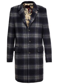 Abrigo de lana a cuadros en azul marino y gris con solapa, frente de tres botones, dos bolsillos frontales y un forro interior estampado.
