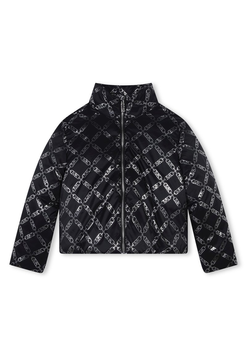 Veste noire rembourrée avec un col haut. Présente un motif réfléchissant et une fermeture éclair à l'avant. Texture lisse et design court avec des manches longues.
