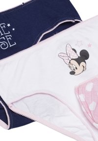 Confezione di due paia di mutandine per ragazze: una blu navy con testo, una bianca con stampa di Minnie Mouse e dettagli a pois rosa. Materiale in cotone morbido.