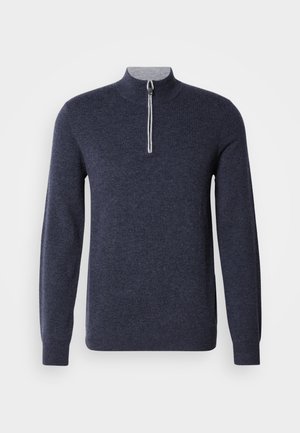 Marineblaues Halbreißverschluss-Sweatshirt mit grauem Kragen. Hergestellt aus einem strukturierten Stoff, verfügt es über lange Ärmel und ein figurnahes Design.