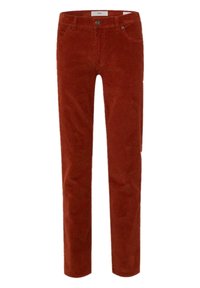 Pantaloni in corduroy color ruggine con chiusura a bottone e zip, tasche anteriori e posteriori, e passanti per cintura.