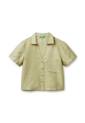 Short-sleeve, light green shirt in a ribbed texture, featuring a V-neck, collar, six buttons, and a left chest pocket.