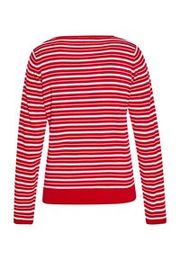Maglione a maniche lunghe a righe rosse e bianche con scollatura a girocollo e orlo a coste. Tessuto in maglia morbida, design aderente e spalle senza cuciture.