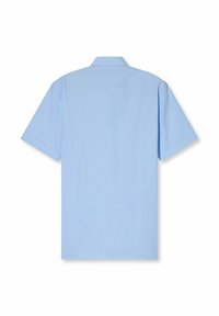 Camicia azzurra a maniche corte con colletto a punta, texture liscia e un design sul retro pulito senza pattern o accenti visibili.