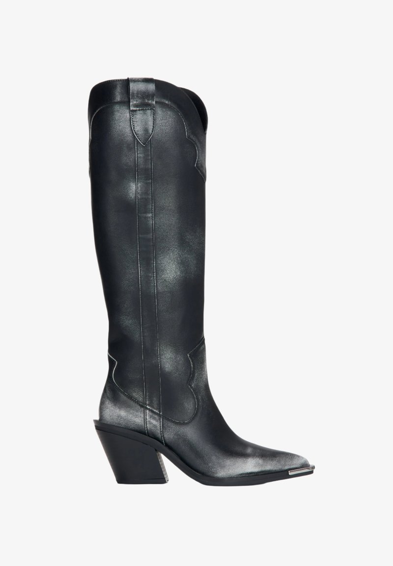 Black leather knee-high boots with a pointed toe, angular heel, and decorative stitching along the sides. Textured, shiny finish.