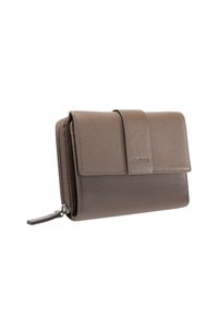 Bruine leren portemonnee met structuur, flapsluiting en een zijvak met rits, met het merk "Maître" op de voorste band.