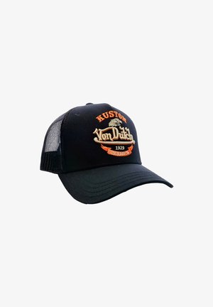 Schwarze Mesh-Baseballmütze mit orange- und cremefarbener "Kustom Von Dutch 1929 Classics" Stickerei auf der Vorderseite.