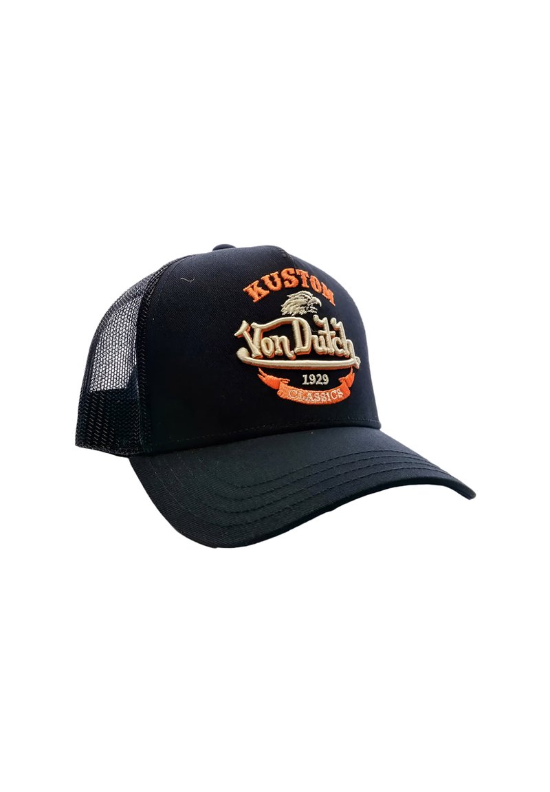 Gorra de béisbol de malla negra con la inscripción bordada en naranja y crema "Kustom Von Dutch 1929 Classics" en el panel frontal.