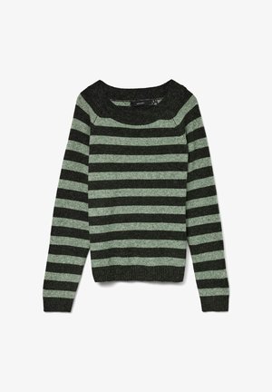 Suéter de rayas verdes y negras con un amplio escote, dobladillo y puños acanalados. Fabricado en un suave tejido texturizado. Diseño de manga larga.