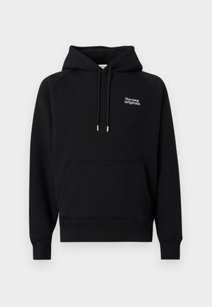 Zwarte hoodie met verstelbare trekkoorden, voorzak in kangoeroestijl, geribde boorden en tekst "the new originals" op de linkerborst.