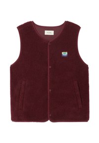 Burgundijas flīsa veste ar strukturētu virsmu, apaļu kaklu, divām sānu kabatām un pogas aizdari. Iekļauj daudzkrāsīgu logo uzlīmi.