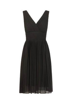 Schwarzes plissiertes Kleid mit V-Ausschnitt, ausgestattet mit einem taillierten Oberteil und einem fließenden Rock. Hergestellt aus leichtem Stoff mit einer glatten Textur.