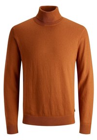 Maglione a maniche lunghe color ruggine con collo alto, polsini e fondo a costine, mostrato su uno sfondo bianco.