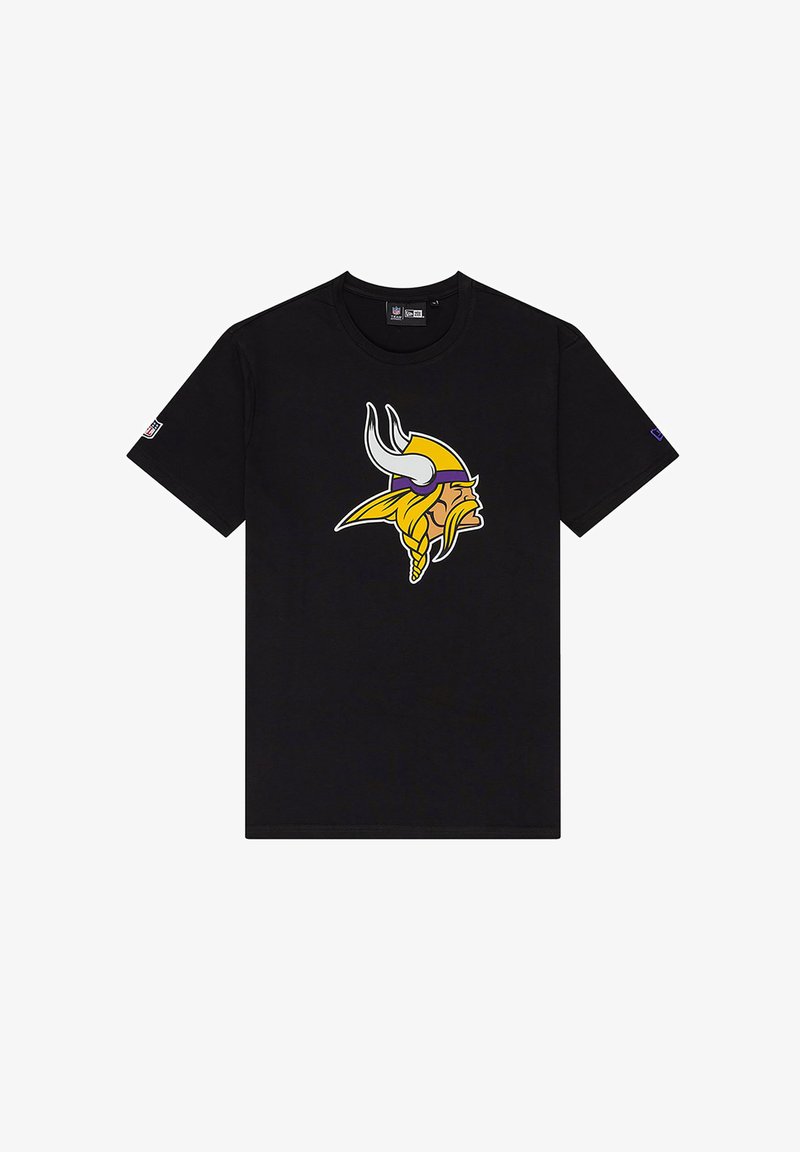 Black cotton t-shirt featuring a large color graphic of a Viking helmet in yellow and purple, round neck, and short sleeves.
