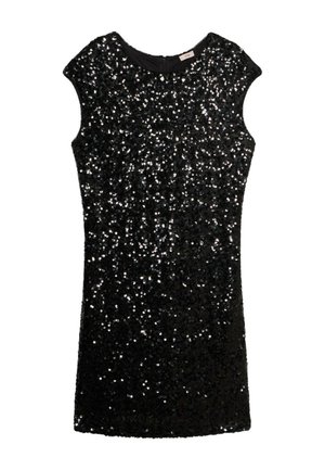 Zwarte mouwloze jurk bedekt met glanzende pailletten, met een ronde halslijn en een ritssluiting aan de achterkant.