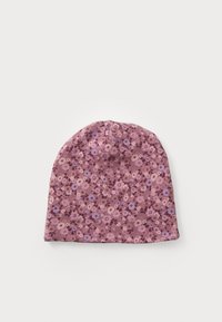 Berretto a maglia con motivo floreale in tonalità di rosa, caratterizzato da piccoli fiori in viola e crema, realizzato in un tessuto morbido. Forma arrotondata, vestibilità aderente.