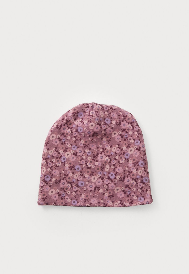 Berretto a maglia con motivo floreale in tonalità di rosa, caratterizzato da piccoli fiori in viola e crema, realizzato in un tessuto morbido. Forma arrotondata, vestibilità aderente.