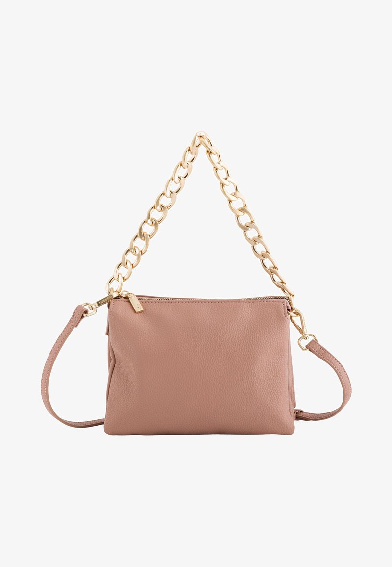 Pink leather handbag with a textured finish, featuring a gold chain strap and a zip closure, with a detachable shoulder strap.