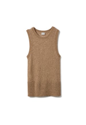 Gilet en tricot marron chameau sans manches avec ourlet et encolure côtelés, motif en maille texturée, posé à plat sur fond blanc.