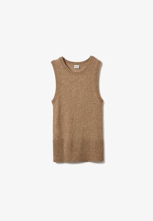 Gilet en tricot marron chameau sans manches avec ourlet et encolure côtelés, motif en maille texturée, posé à plat sur fond blanc.