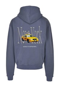 Felpa grigia con cappuccio, dotata di una grafica stampata di un taxi giallo e del testo "New York". Tessuto morbido con polsini e orlo a costine.