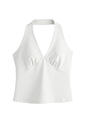 Top alb fără mâneci, cu guler halter și detaliu adunat sub bust, talie mulată.