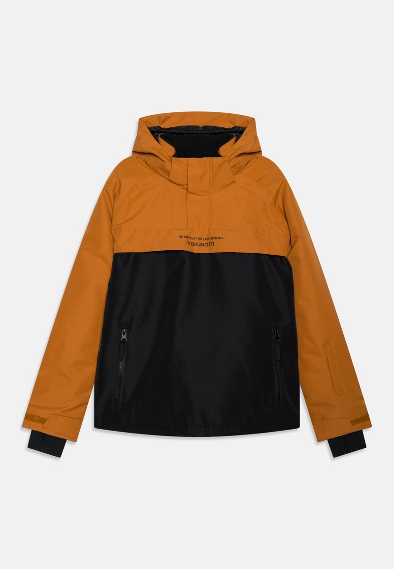 Veste à capuche bicolore orange et noire avec fermeture éclair frontale, poches zippées et texte "NO MATTER THE CONDITIONS BRUNOTTI" sur la poitrine.