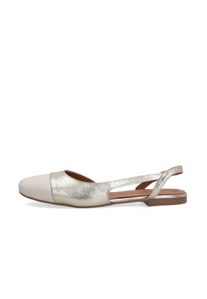 Balletflat in beige en metallic goud met een ronde neus, van soepel leer en met textuuraccenten, met zijkapjes en een lage hak.