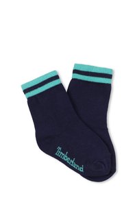 Calze da equipaggio in navy con polsini a strisce turchesi e blu scuro, caratterizzate da un design a maglia testurizzata e logo Timberland in turchese.