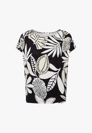Czarny top z krótkim rękawem z białym i kremowym wzorem liści. Wykonany z lekkiego materiału, o luźnym kroju i zaokrąglonym dekolcie.