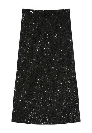 Jupe noire en sequins avec une silhouette droite, dotée d'une surface texturée ornée de sequins scintillants, adaptée aux occasions formelles.