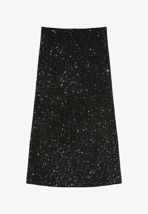 Jupe noire en sequins avec une silhouette droite, dotée d'une surface texturée ornée de sequins scintillants, adaptée aux occasions formelles.