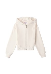 Felpa bianca con zip e cappuccio, vita ed elastici ai polsini, tessuto morbido, con un logo discreto sul davanti. Finitura in tessuto liscia.