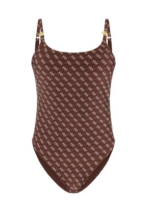 Maillot de bain une pièce marron avec motif monogramme blanc sur toute la surface et bretelles ajustables avec éléments dorés.