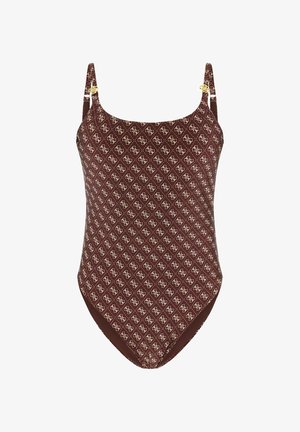 Maillot de bain une pièce marron avec motif monogramme blanc sur toute la surface et bretelles ajustables avec éléments dorés.
