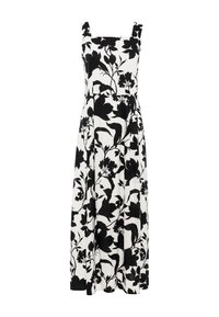 Czarna i biała sukienka w kwiaty z kwadratowym dekoltem i szerokimi ramiączkami, o sylwetce litery A i wzorzystej tkaninie.