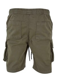 Khaki cargo shorts with an elastic waistband, two side pockets, and two back pockets. The fabric has a soft, matte texture.