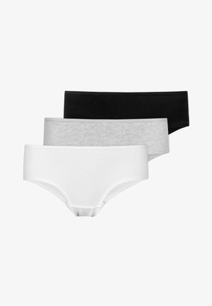 Drie paren damesonderbroeken: één wit, één grijs en één zwart. Gemaakt van zachte, rekbare katoen met een gladde tailleband.