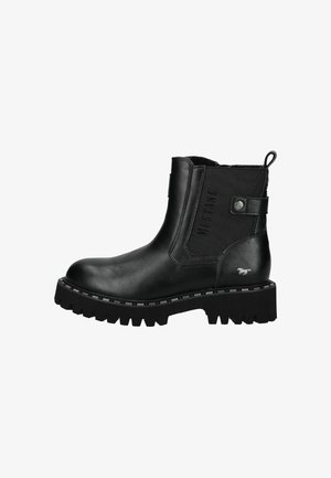 Bottines noires en cuir avec des panneaux latéraux élastiques. Présentent une semelle en caoutchouc épaisse et un petit logo sur le côté.