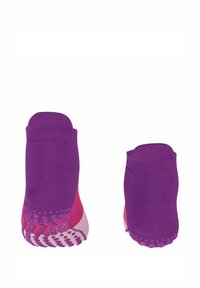 Chaussettes de cheville violettes et roses avec une texture antidérapante sur les semelles, un tissu lisse et un ajustement serré sur le haut. Deux formes de chaussettes distinctes présentées.