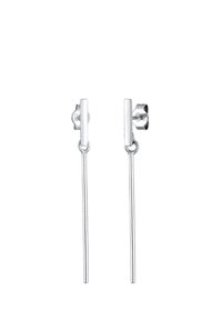 Silberne Ohrringe mit einem geraden Stabdesign und einer dünnen, elongated Form, die minimale Hardware und eine polierte Oberfläche aufweisen.