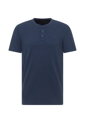 Marineblaues Henley-Shirt mit kurzen Ärmeln, drei Knöpfen und kleinem gesticktem Logo auf der linken Brust.