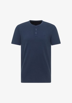 Marineblaues Henley-Shirt mit kurzen Ärmeln, drei Knöpfen und kleinem gesticktem Logo auf der linken Brust.