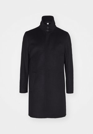 Black wool coat with a high collar, two front pockets, and a three-button closure. Straight cut and smooth texture, minimal design.
