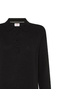 Polo shirt nero a manica lunga con colletto, dotato di una patta con bottoni e una texture morbida. Etichetta del brand visibile sul collo.